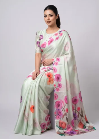 Spanish Green Designer Floral Printed Satin Silk Saree close