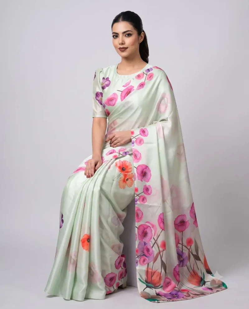 Spanish Green Designer Floral Printed Satin Silk Saree close