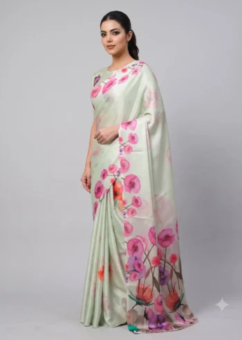 Spanish Green Designer Floral Printed Satin Silk Saree side look