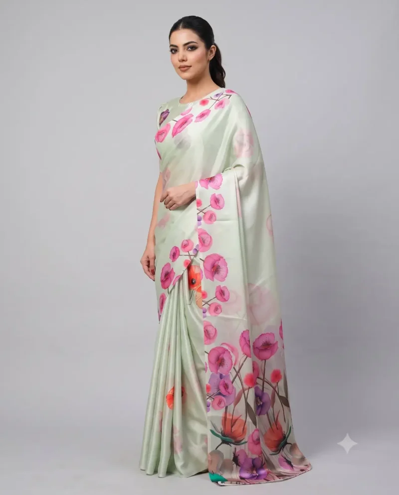 Spanish Green Designer Floral Printed Satin Silk Saree side look