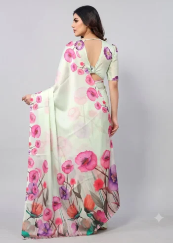 Spanish Green Designer Floral Printed Satin Silk Saree back design