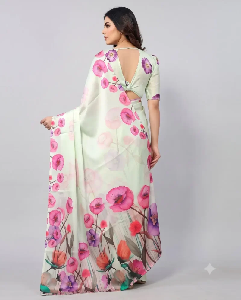Spanish Green Designer Floral Printed Satin Silk Saree back design