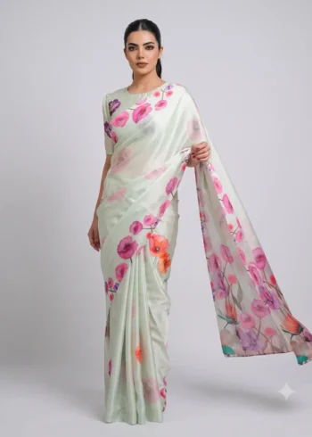Spanish Green Designer Floral Printed Satin Silk Saree