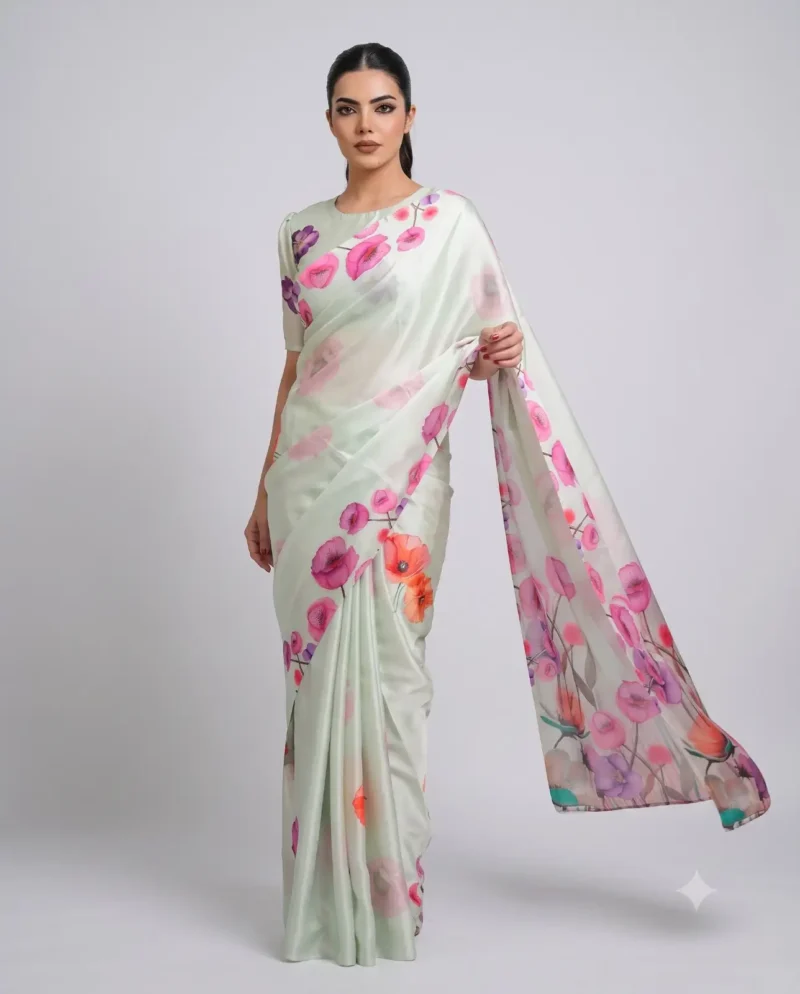 Spanish Green Designer Floral Printed Satin Silk Saree