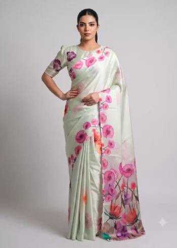 Spanish Green Designer Floral Printed Satin Silk Saree front look