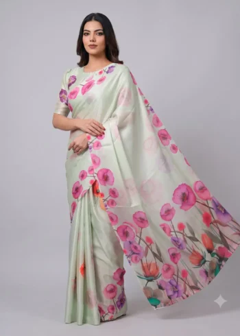 Spanish Green Designer Floral Printed Satin Silk Saree pallu look