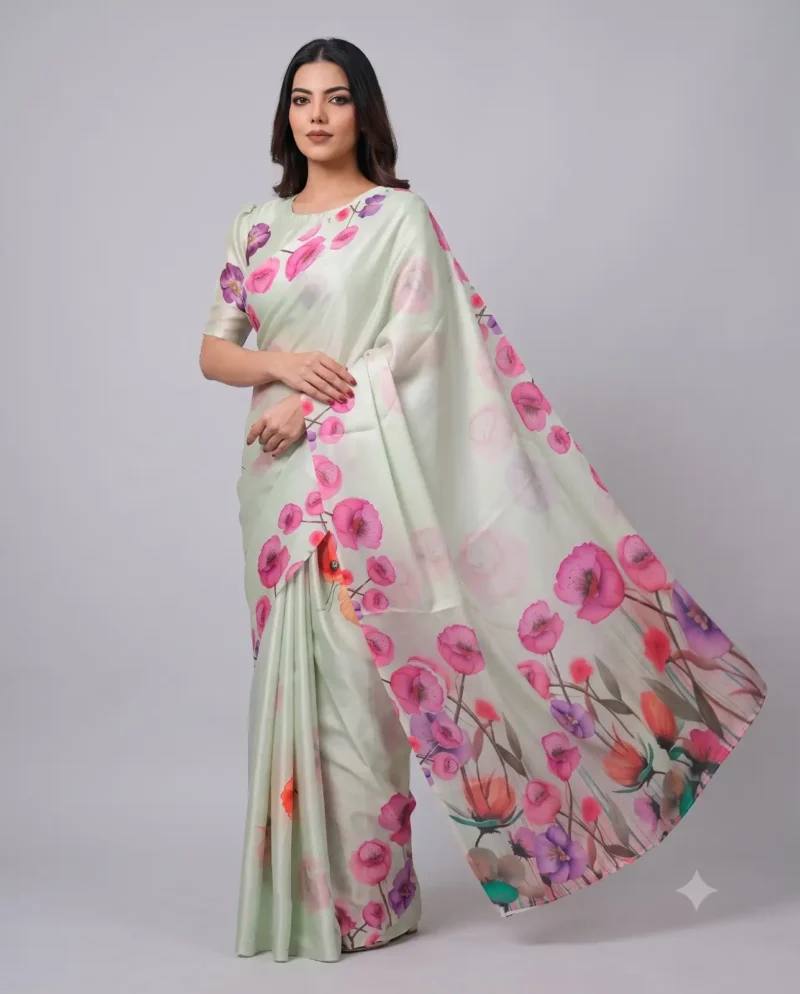 Spanish Green Designer Floral Printed Satin Silk Saree pallu look