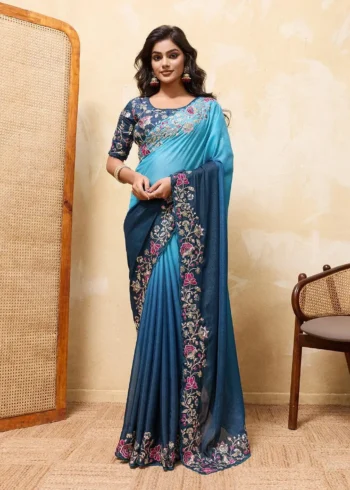 Blue Dual Tone Star Georgette Embroidered Cutwork Wedding Saree
