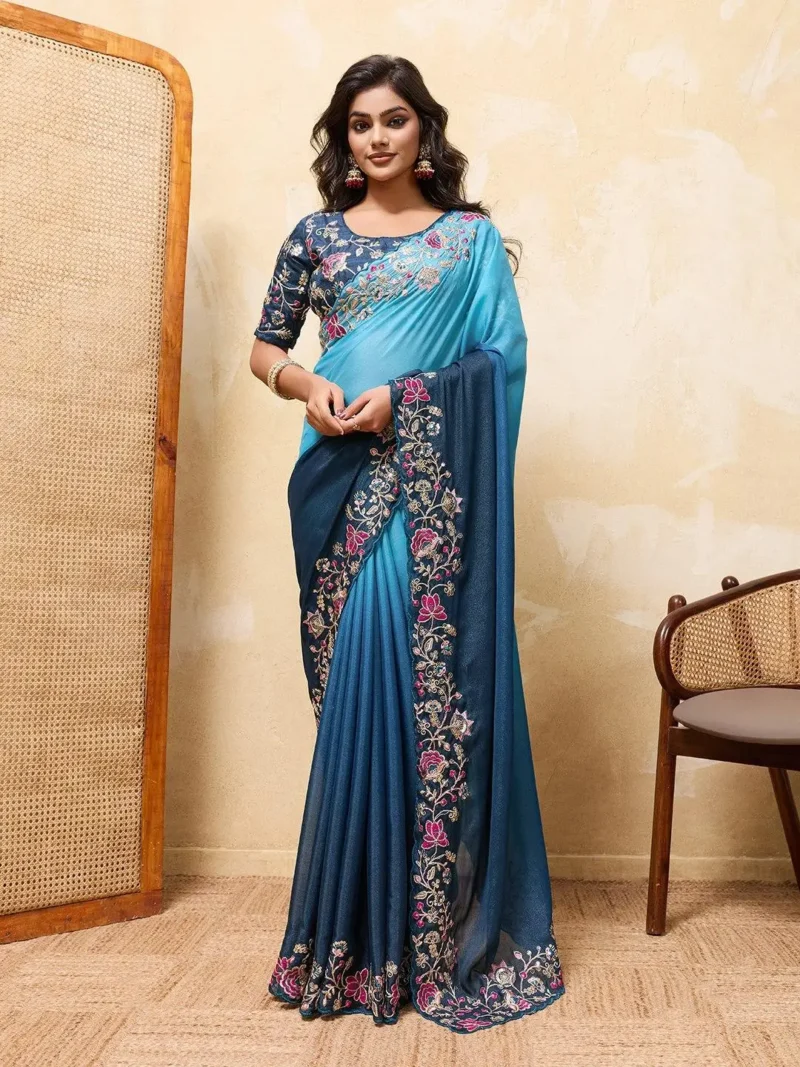 Blue Dual Tone Star Georgette Embroidered Cutwork Wedding Saree