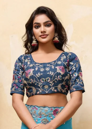 Blue Dual Tone Star Georgette Embroidered Cutwork Wedding Saree blouse