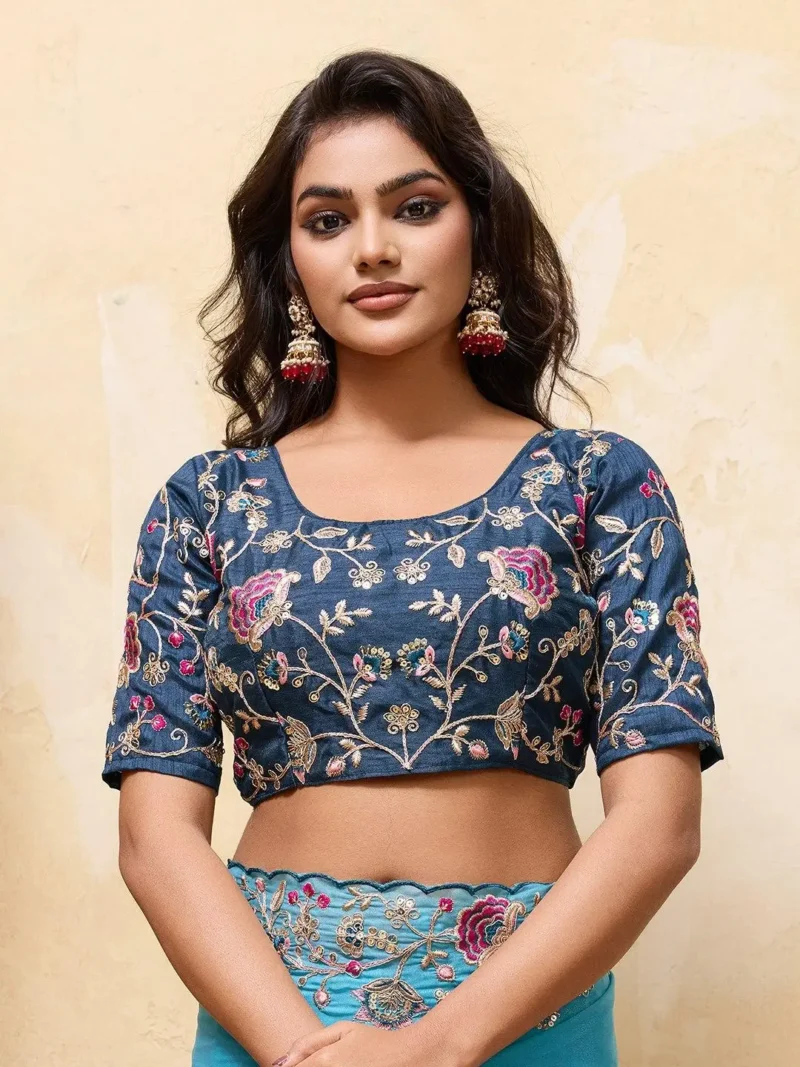 Blue Dual Tone Star Georgette Embroidered Cutwork Wedding Saree blouse