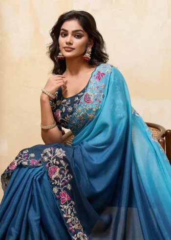Blue Dual Tone Star Georgette Embroidered Cutwork Wedding Saree close look