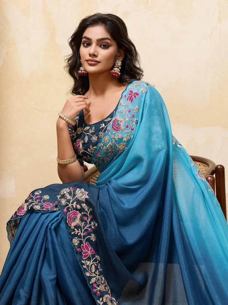 Blue Dual Tone Star Georgette Embroidered Cutwork Wedding Saree close look