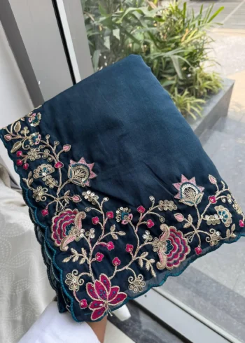Blue Dual Tone Star Georgette Embroidered Cutwork Wedding Saree in hand