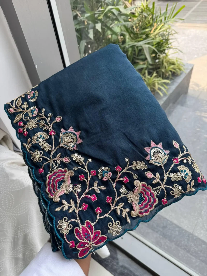 Blue Dual Tone Star Georgette Embroidered Cutwork Wedding Saree in hand