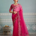 Pink Dual Tone Star Georgette Embroidered Cutwork Wedding Saree
