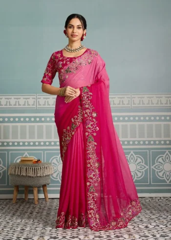 Pink Dual Tone Star Georgette Embroidered Cutwork Wedding Saree