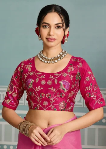Pink Dual Tone Star Georgette Embroidered Cutwork Wedding Saree close look