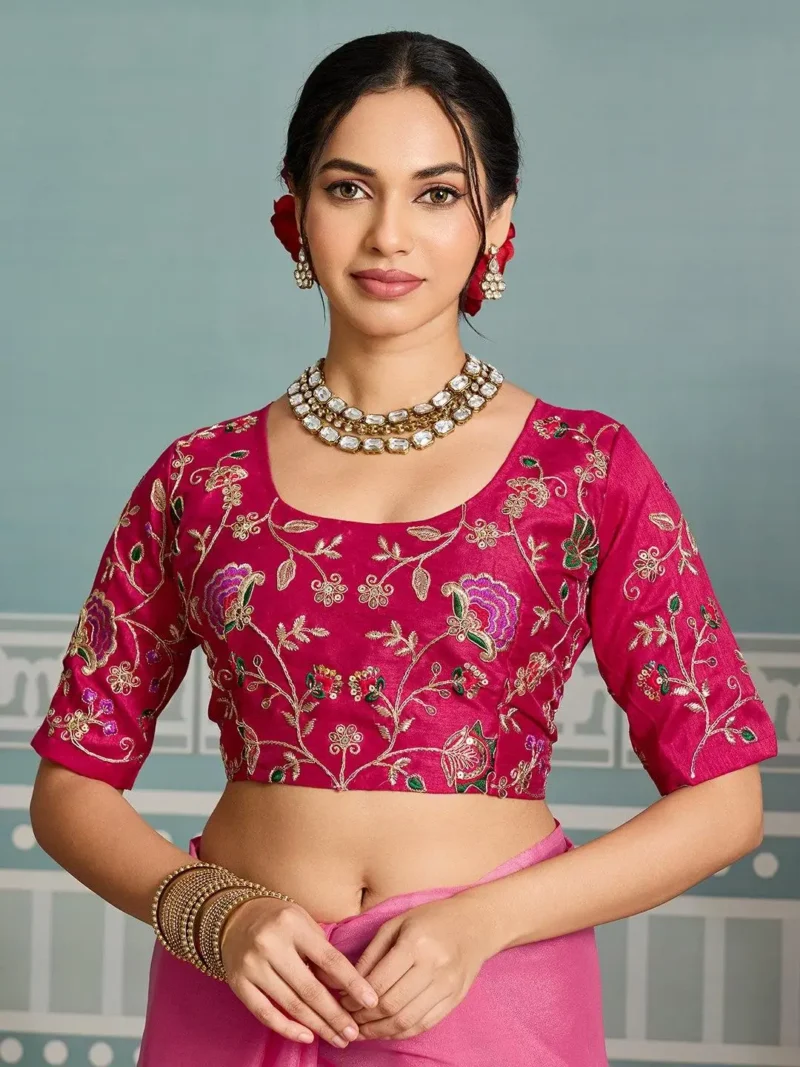 Pink Dual Tone Star Georgette Embroidered Cutwork Wedding Saree close look