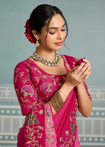 Pink Dual Tone Star Georgette Embroidered Cutwork Wedding Saree blouse