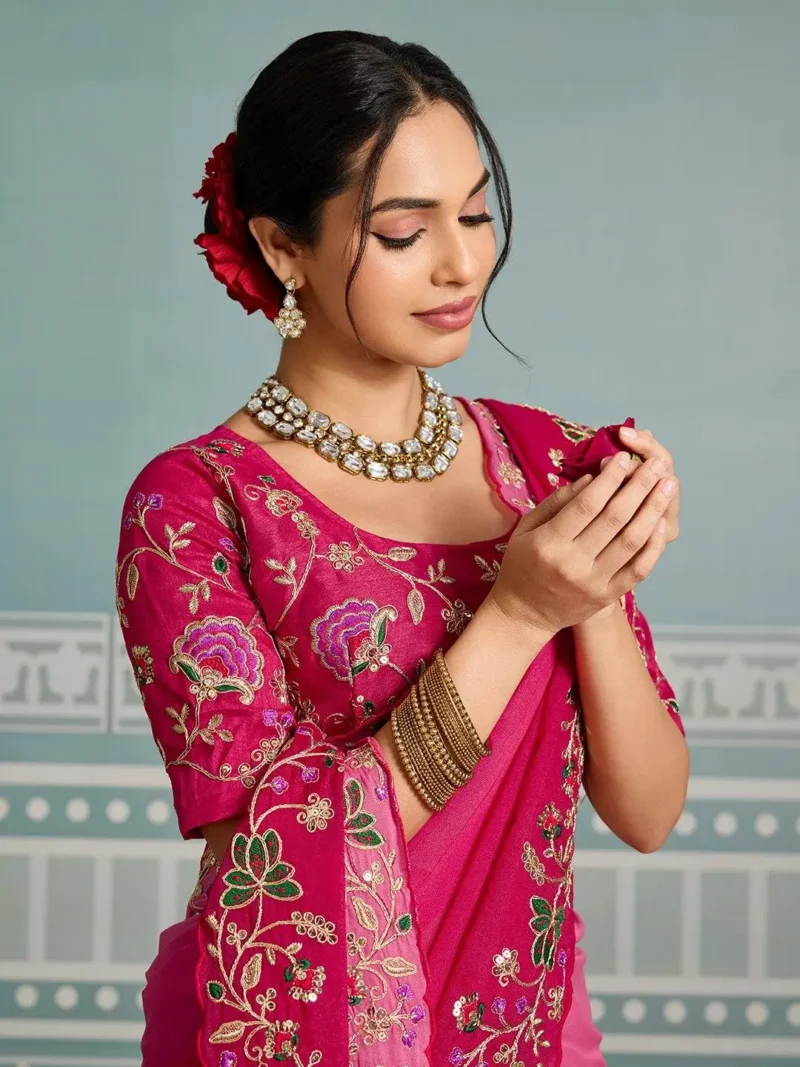 Pink Dual Tone Star Georgette Embroidered Cutwork Wedding Saree blouse