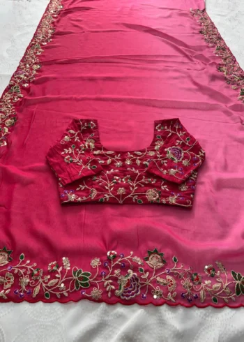 Pink Dual Tone Star Georgette Embroidered Cutwork Wedding Saree close border work