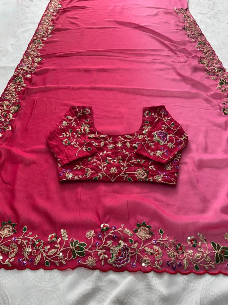 Pink Dual Tone Star Georgette Embroidered Cutwork Wedding Saree close border work