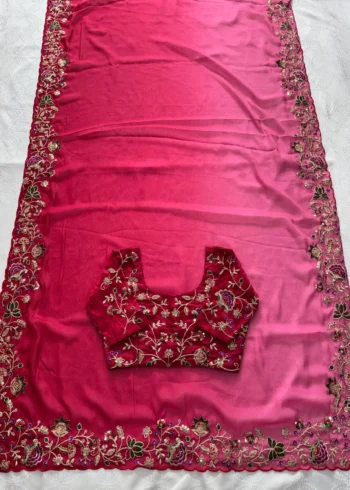 Pink Dual Tone Star Georgette Embroidered Cutwork Wedding Saree live image