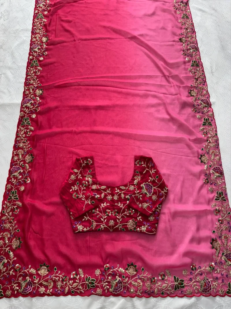 Pink Dual Tone Star Georgette Embroidered Cutwork Wedding Saree live image