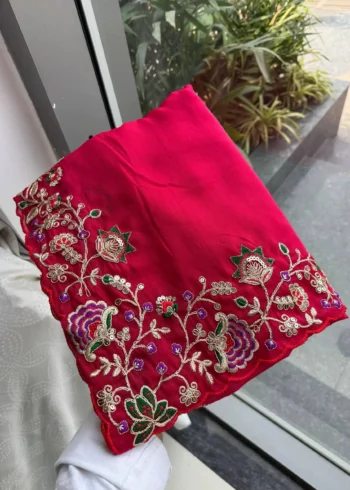 Pink Dual Tone Star Georgette Embroidered Cutwork Wedding Saree in hand