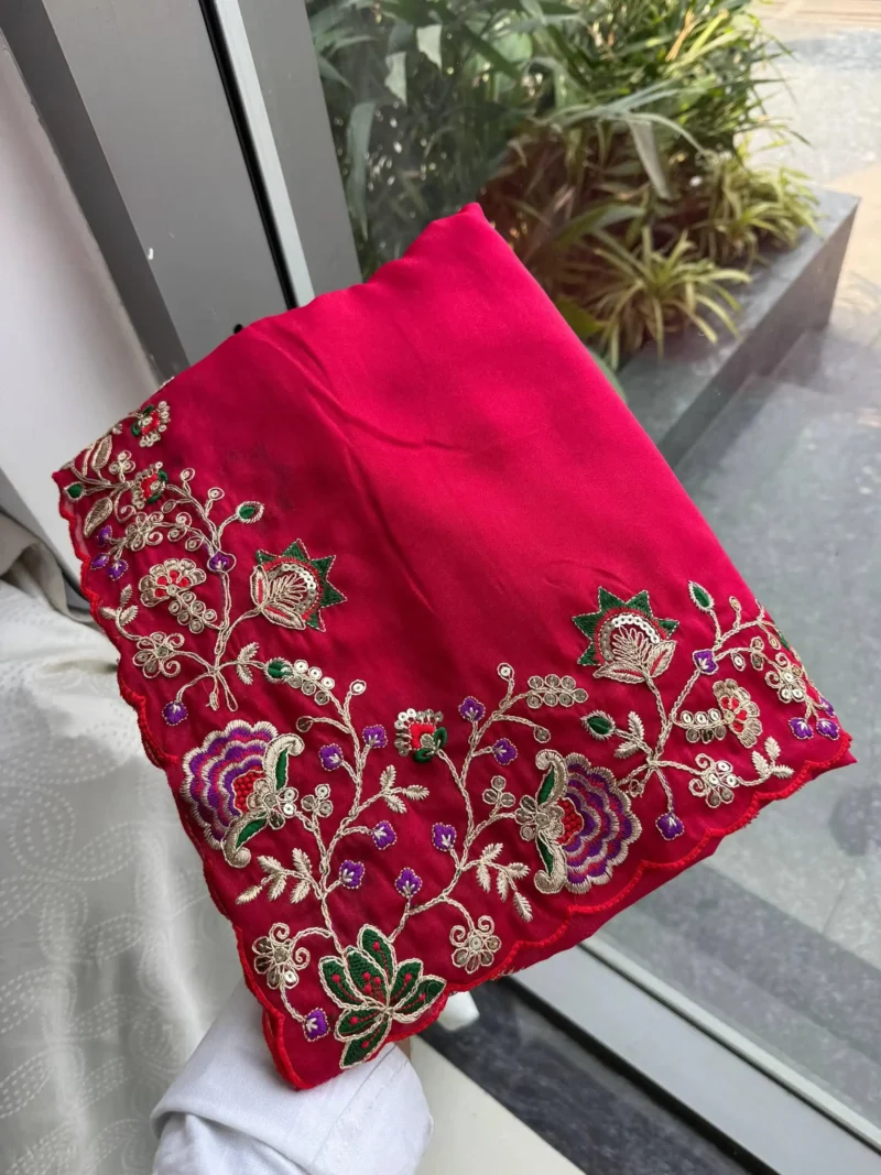 Pink Dual Tone Star Georgette Embroidered Cutwork Wedding Saree in hand