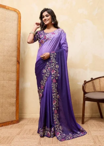 Purple Dual Tone Star Georgette Embroidered Cutwork Wedding Saree