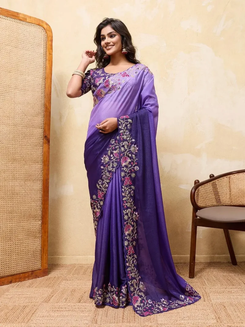 Purple Dual Tone Star Georgette Embroidered Cutwork Wedding Saree