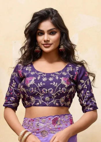 Purple Dual Tone Star Georgette Embroidered Cutwork Wedding Saree blouse