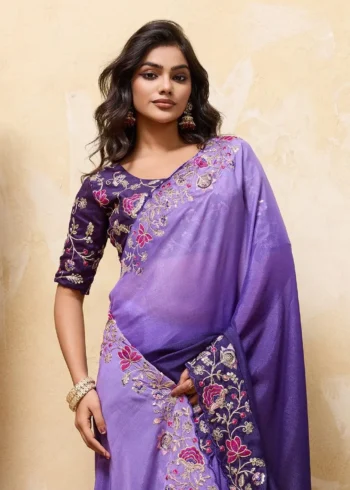 Purple Dual Tone Star Georgette Embroidered Cutwork Wedding Saree close look