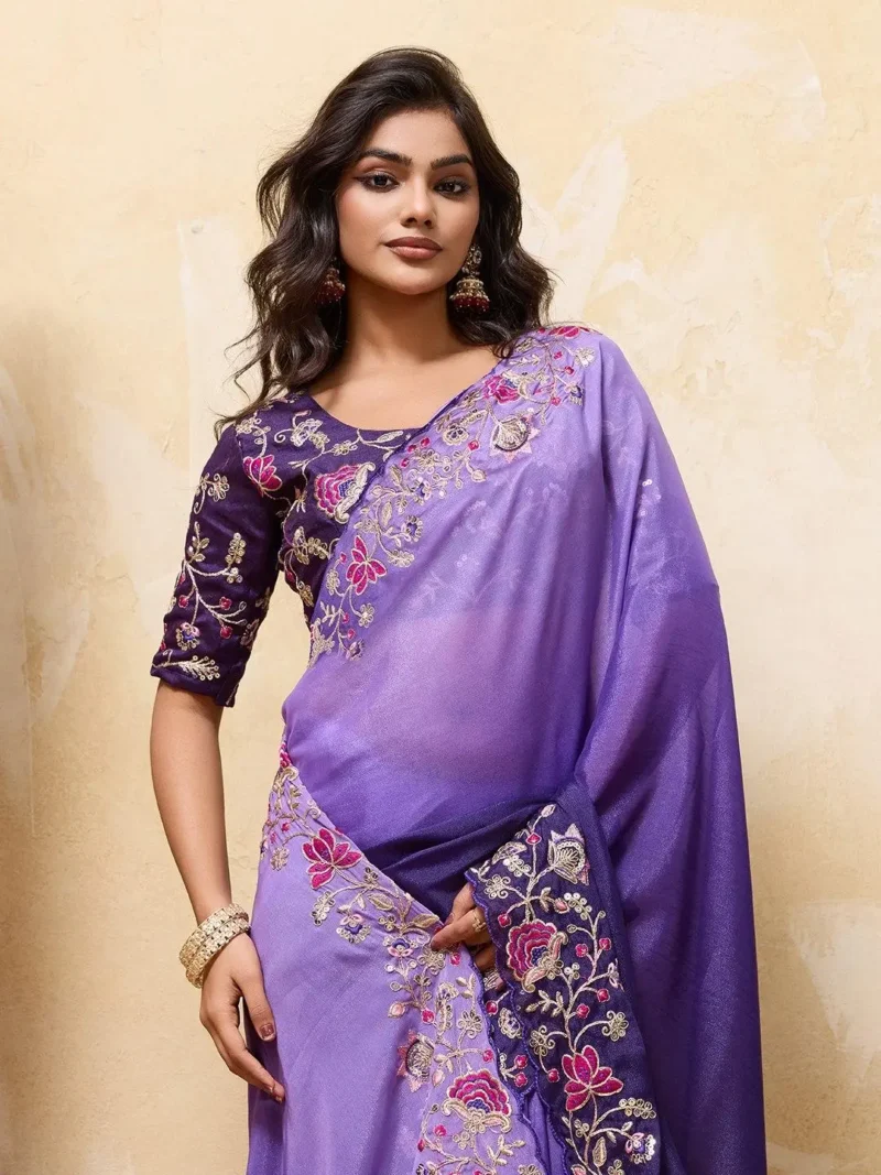 Purple Dual Tone Star Georgette Embroidered Cutwork Wedding Saree close look