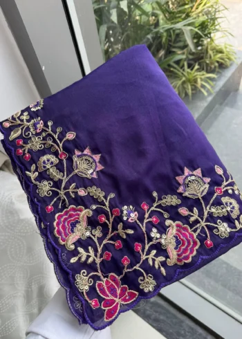 Purple Dual Tone Star Georgette Embroidered Cutwork Wedding Saree in hand