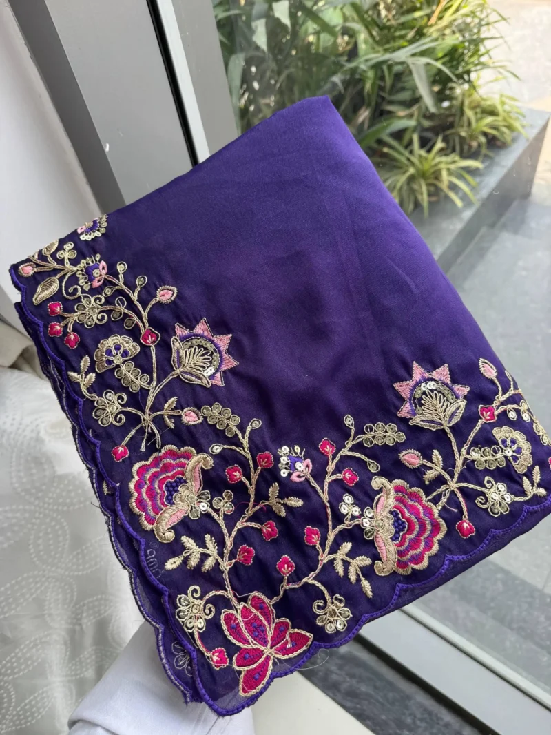 Purple Dual Tone Star Georgette Embroidered Cutwork Wedding Saree in hand