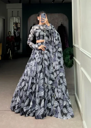Black Tabby Silk Printed Lehenga Choli with Hotfix Work
