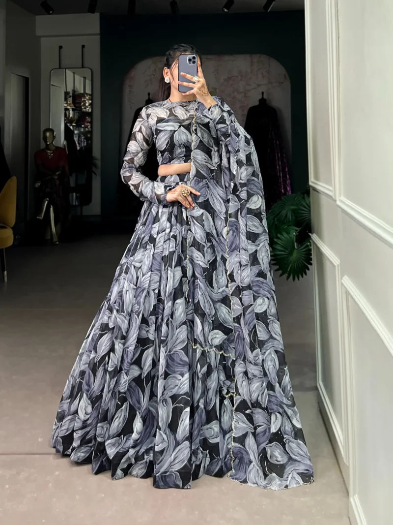 Black Tabby Silk Printed Lehenga Choli with Hotfix Work