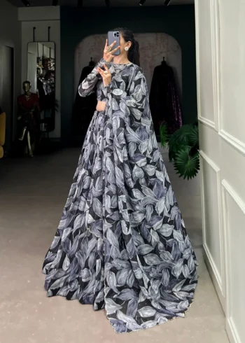 Black Tabby Silk Printed Lehenga Choli with Hotfix Work side look