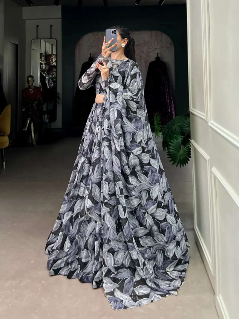 Black Tabby Silk Printed Lehenga Choli with Hotfix Work side look