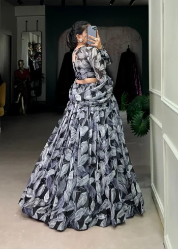 Black Tabby Silk Printed Lehenga Choli with Hotfix Work back side