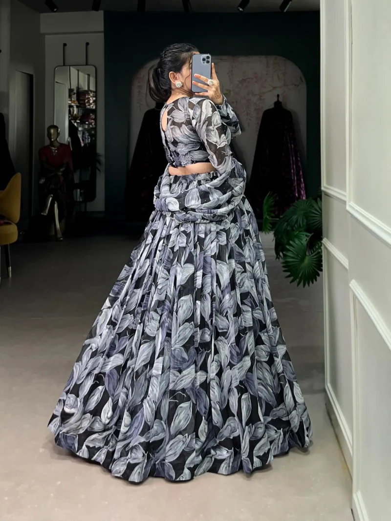 Black Tabby Silk Printed Lehenga Choli with Hotfix Work back side