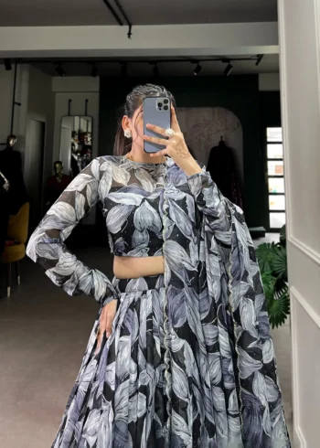 Black Tabby Silk Printed Lehenga Choli with Hotfix Work close