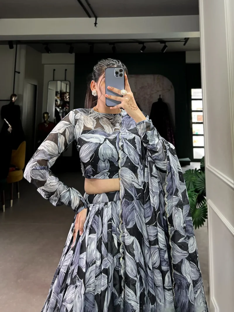 Black Tabby Silk Printed Lehenga Choli with Hotfix Work close