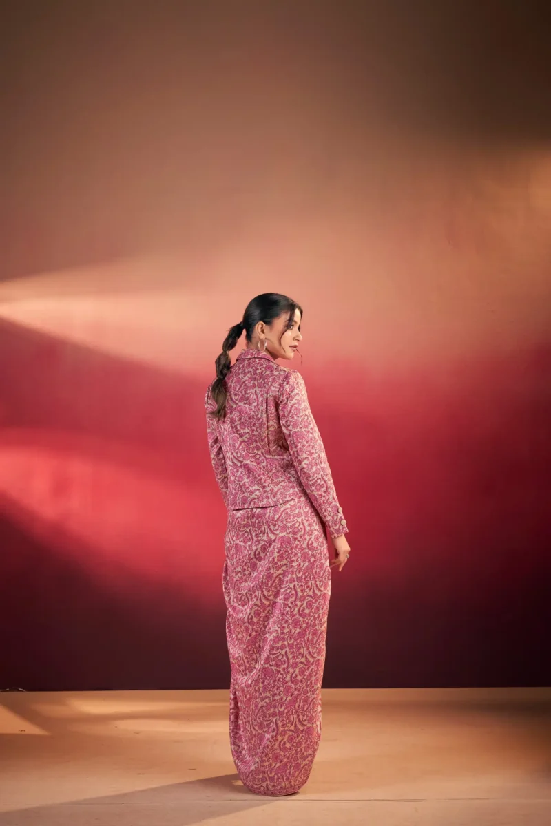 Pink Colour Boho Indo Western Dress with Printed Drapped Skirt back side