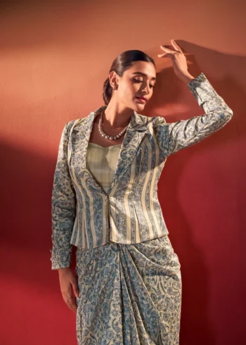 Blue Colour Boho Indo Western Dress with Printed Drapped Skirt close look