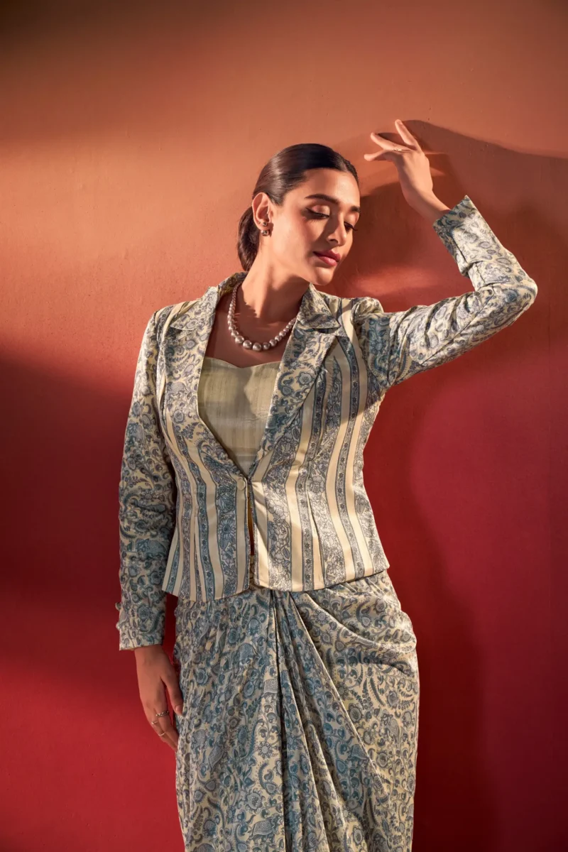 Blue Colour Boho Indo Western Dress with Printed Drapped Skirt close look