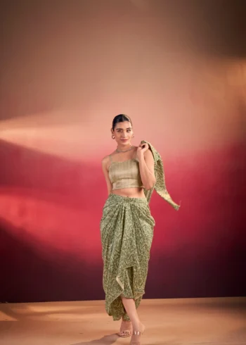 Green Colour Boho Indo Western Dress with Printed Drapped Skirt without jacket